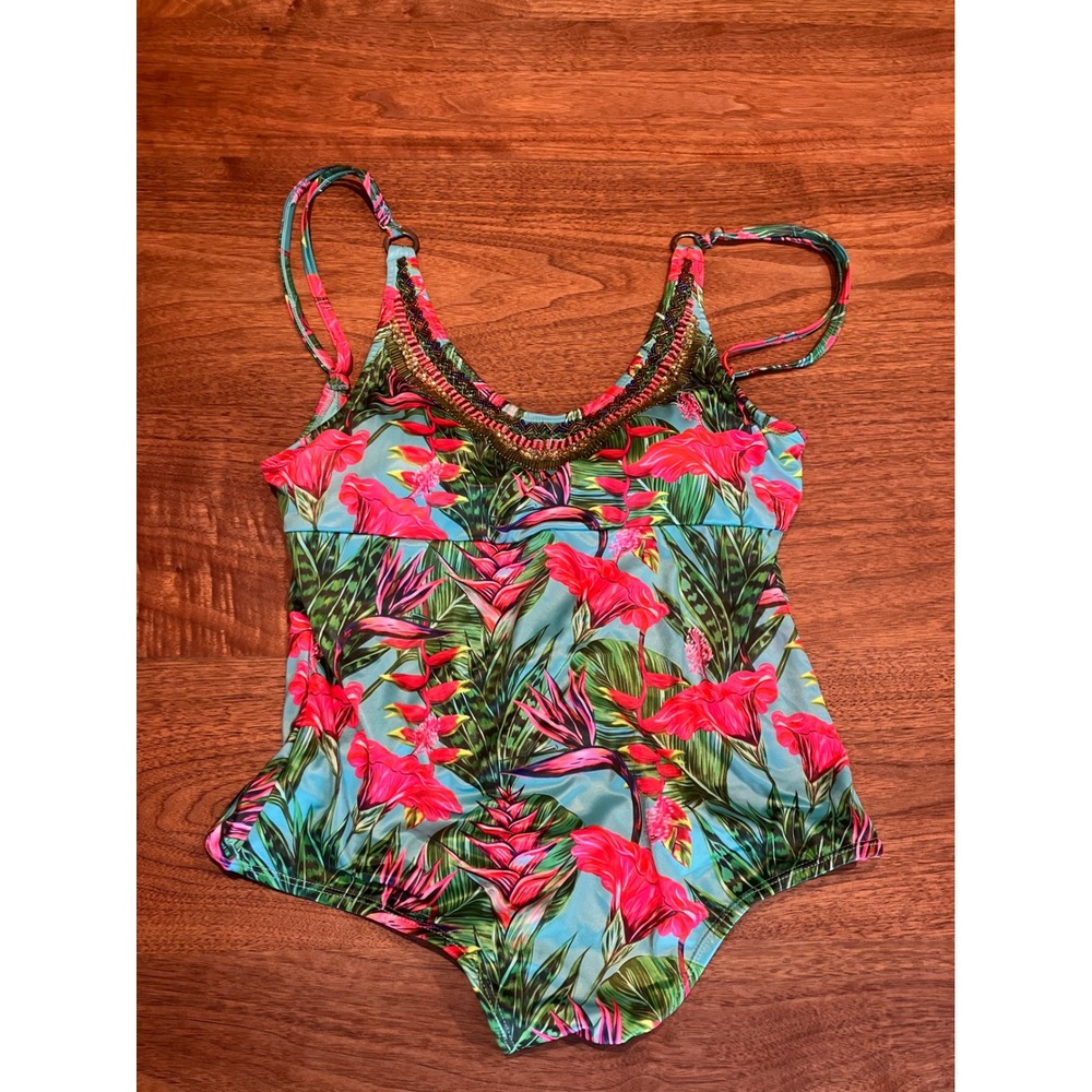 Latoon Tropical Floral‎ Beaded One Piece Swimsuit Turquoise Pink Ruched Back